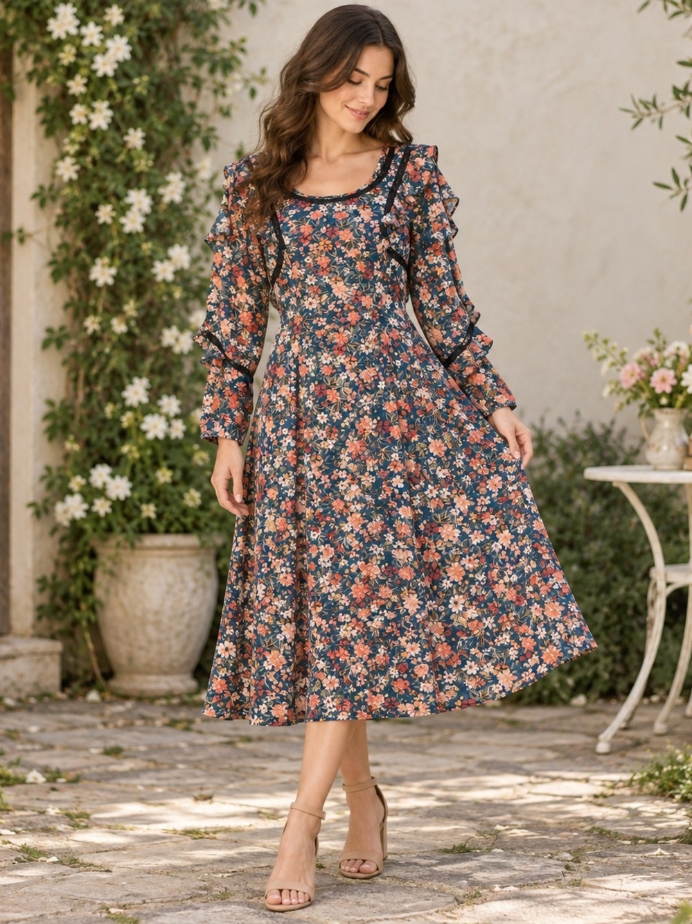 Floral Ruffled Long-Sleeve Midi Dress - Blue Floral